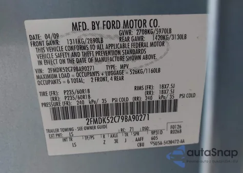 2009 Ford Flex Sel z USA, uszkodzony, nr VIN 2FMDK52C79BA90271